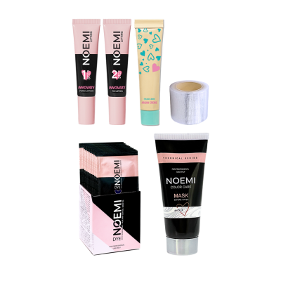 Conjunto cosmético NOEMI com perm lotion, fix lotion, argan creme, fita, sachês de dye e máscara color care