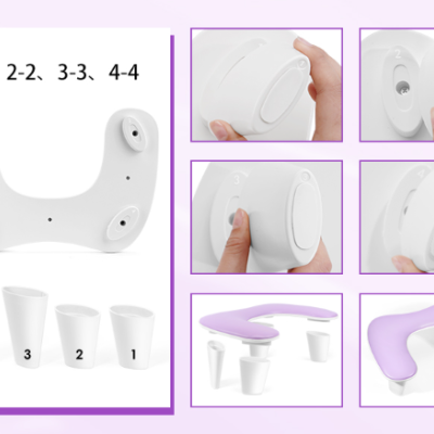 Suporte branco com copos numerados e almofada lilás