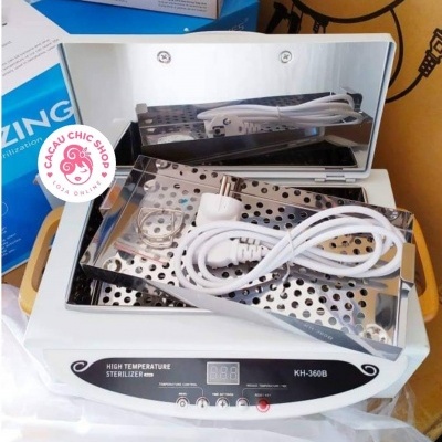 Esterilizador de alta temperatura KH-360B branco com tampa de aço inox aberta