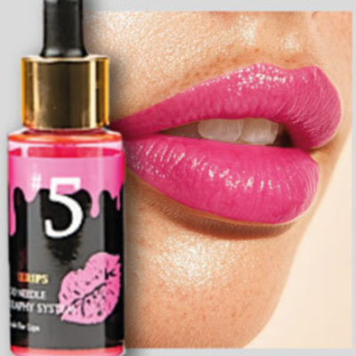 Frasco de produto cosmético rosa e preto com conta-gotas ao lado de boca com lábios rosa brilhante