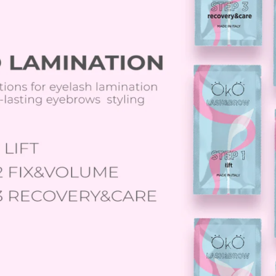 Produtos OKO Lamination para laminação de pestanas com embalagens azuis e rosas e texto explicativo em fundo rosa claro