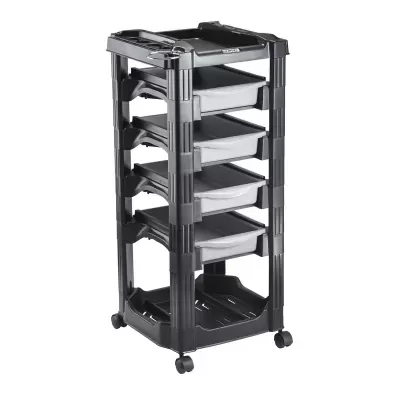 Carrinho de arrumação preto com cinco bandejas cinzentas e rodas