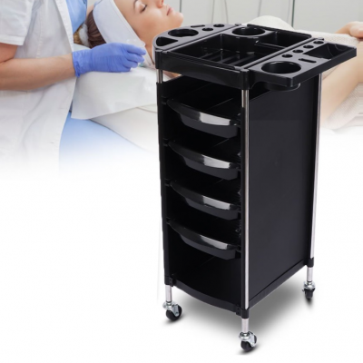 Carrinho organizador preto com gavetas e rodas para salão de beleza