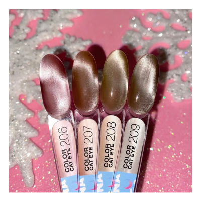 Amostras de verniz de unhas magnéticas em tons metálicos rosa, cobre, dourado e prata