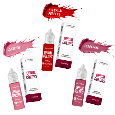 Frascos e embalagens de gloss labial OPIUM COLORS em três cores diferentes