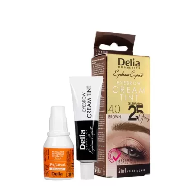 Conjunto de tintura para sobrancelhas Delia Cosmetics Eyebrow Cream Tint com tubo e frasco ao lado da caixa