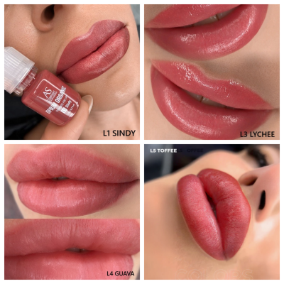 Lábios com batons em várias tonalidades de rosa e vermelho, etiqueta com nomes dos tons.