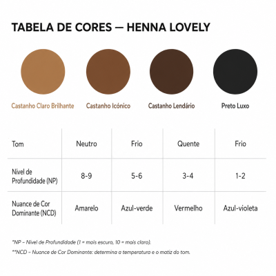 Tabela de cores Henna Lovely com quatro amostras de castanho a preto e suas características