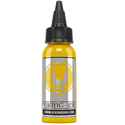 frasco amarelo de tinta para tatuagem com tampa preta e rótulo prateado com logotipo amarelo