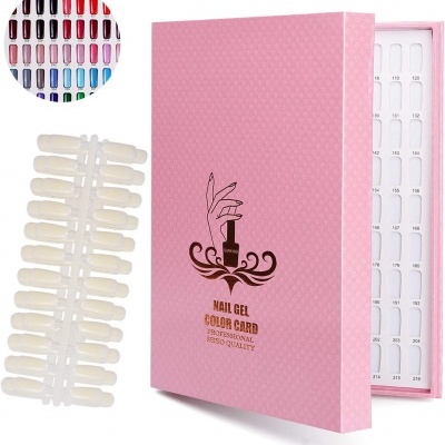 Cartão de cores para gel de unhas em embalagem rosa com amostras de cores