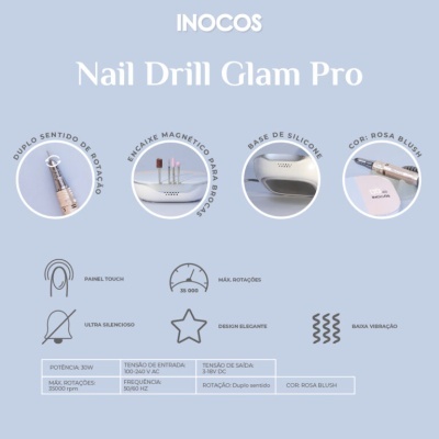Broca elétrica para unhas INOCOS Nail Drill Glam Pro cor rosa blush com base silicone e encaixe magnético