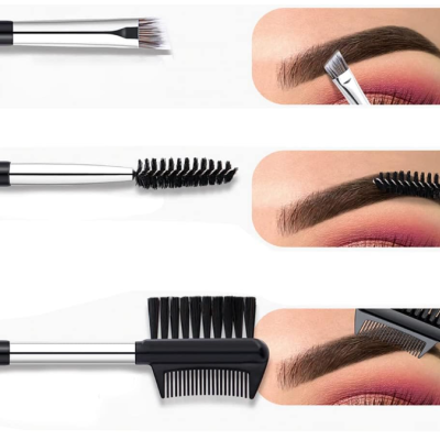 Três pincéis para sobrancelhas em uso, com diferentes formatos para aplicação e penteado.