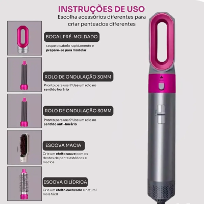 Secador de cabelo prateado e rosa com acessórios para modelar diferentes penteados