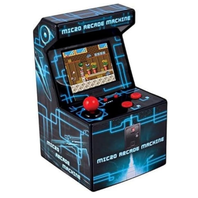Máquina arcade miniatura preta com luzes azuis e joystick vermelho