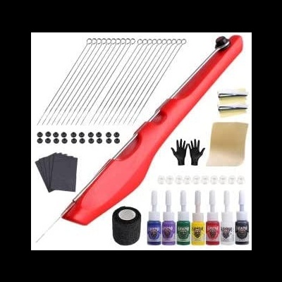 Kit de pintura de carro com barra vermelha, cabos metálicos, luvas pretas, fitas, lixas e frascos de tinta colorida