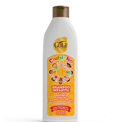 Frasco plástico branco de shampoo infantil Gota Dourada Clubinho 340ml