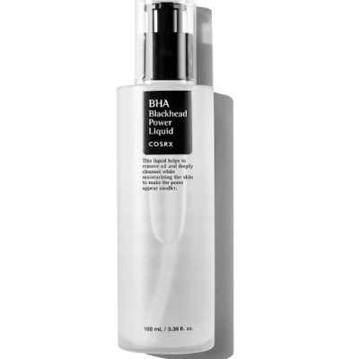 Frasco fino e translúcido com tampa preta e rótulo com texto branco