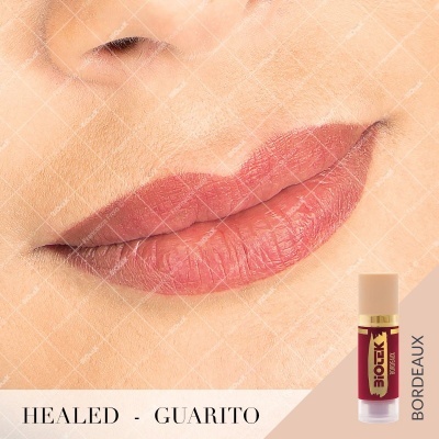 Lábios com batom bordô cremoso mate e frasco de batom BIOBLK bordô