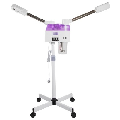 Aparelho facial de vapor branco com base de rodas e detalhes roxos