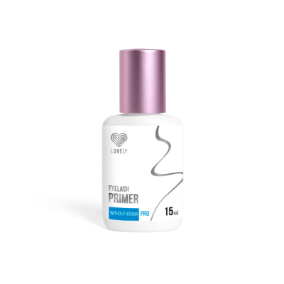 Frasco branco de primer para pestanas com tampa rosa e texto