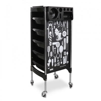 Carrinho preto para ferramentas de cabeleireiro com rodas e ilustrações brancas de utensílios