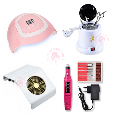 Conjunto de aparelhos de manicure incluindo lâmpada LED, esterilizador, bomba de aspiração e lima elétrica com acessórios