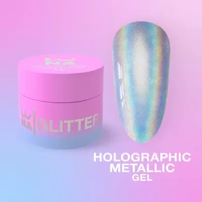 Frasco rosa e azul de gel para unhas com amostra de efeito metálico holográfico