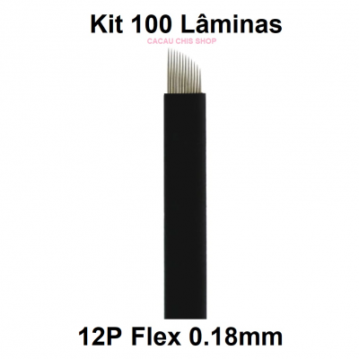 Lâmina para micropigmentação de 12 agulhas e texto Kit 100 Lâminas 12P Flex 0.18mm