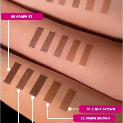 Cinco tons de maquiagem para sobrancelha em pele clara a média com etiquetas de cores e números.