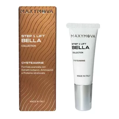 Embalagem castanha com creme para rosto branco MAXYMOVA Step 1 Lift Bella Collection Cysteamine.
