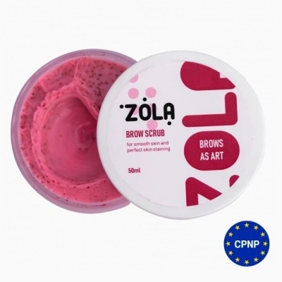 Frasco aberto de esfoliante cor-de-rosa para sobrancelhas ZOLA com tampa branca