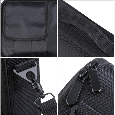 Detalhes de mochila preta em tecido sintético com alça acolchoada e fechos de correr