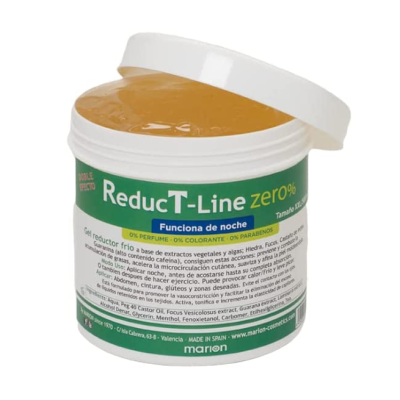 Pote de gel amarelo chamado ReducT-Line zero% com rótulo verde e branco