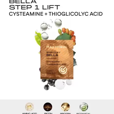 Embalagem castanha e dourada de produto cosmético Maxymova Step 1 Lift Bella.