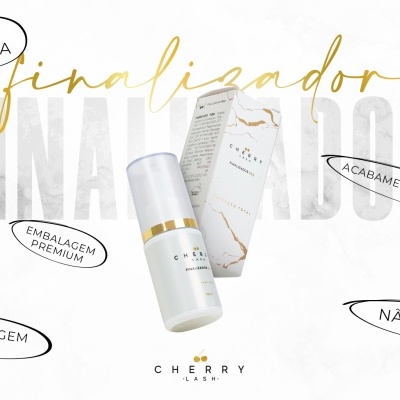 Frasco branco e dourado de finalizador para cabelo Cherry Jey com caixa marmorizada e textos explicativos em português.