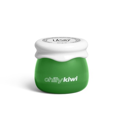 Frasco verde com tampa branca ondulada e texto LÁSHY cream remover e chilly kiwi