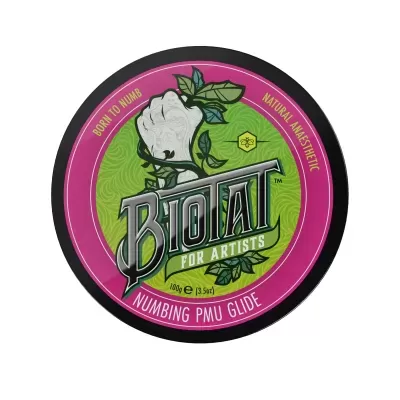 Embalagem redonda para produto BIOTAT com design colorido e texto descritivo.