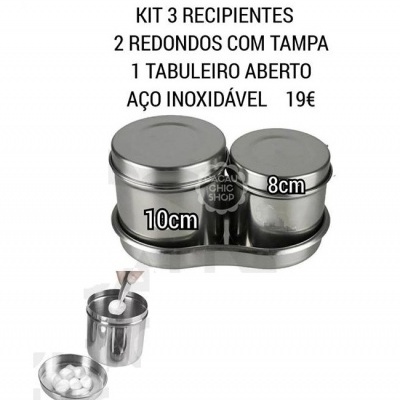 Kit de 3 recipientes em aço inoxidável com texto de descrição e preços