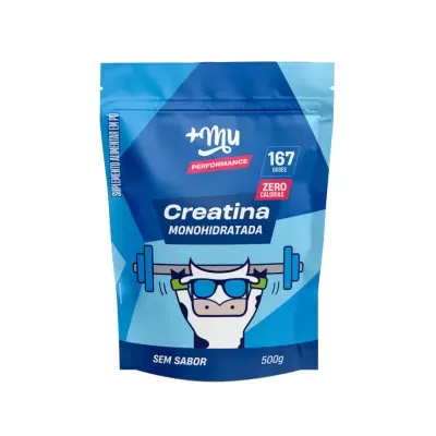 Embalagem azul de creatina monohidratada +Mu Performance com ilustração de vaca