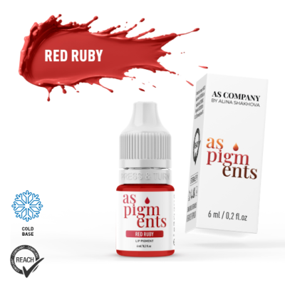 Frasco e caixa de pigmento labial vermelho Red Ruby com texto e selo de qualidade