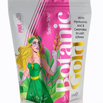 Embalagem de produto cosmético Botanic Gold com ilustração e texto promocional