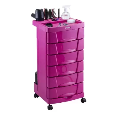 Carrinho organizador rosa com seis gavetas e utensílios no tampo