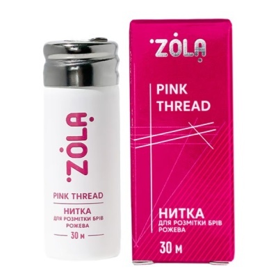 Frasco branco e caixa rosa de ZOLA PINK THREAD, 30 metros.