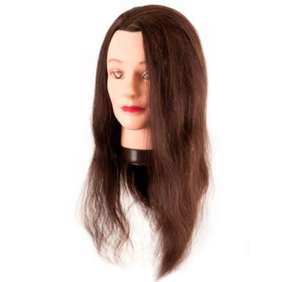 Cabeça de manequim com cabelo castanho longo e liso