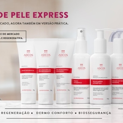 Kit de produtos para limpeza de pele express Adcos com embalagens brancas e vermelhas e estojo transparente