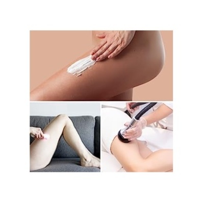 Montagem de três imagens mostrando cuidados com as pernas, incluindo aplicação de creme, depilação com lâmina e tratamento estético