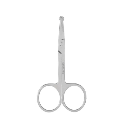 Tesoura pequena em metal prateado com pontas arredondadas