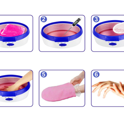 Instruções de uso de bacia com líquido rosa para tratamento de mãos.