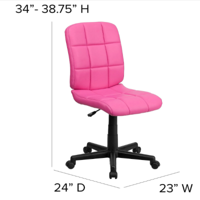 Cadeira de escritório rosa estofada com base preta e rodízios