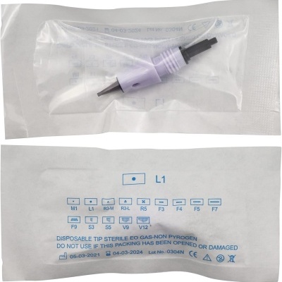 Ponta descartável lilás para tatuagem em embalagem plástica transparente com texto azul